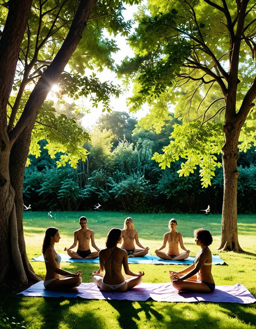 A serene outdoor nudist gathering in a lush green park, showcasing a diverse group of people enjoying activities like yoga, picnicking, and playing games, all embodying a sense of freedom and community. Soft sunlight filters through the trees, creating a warm, inviting atmosphere. Include elements of nature such as flowers and birds to enhance the feel of liberation. super-realistic. vibrant colors. natural setting.